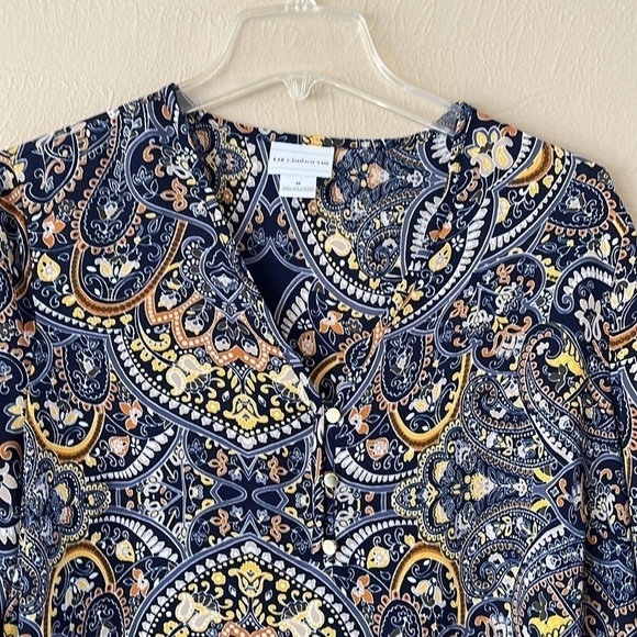 Liz Claiborne Blue Yellow Paisley Print Gold Buttons V-neck Size M Long Sleeve - Picture 2 of 14